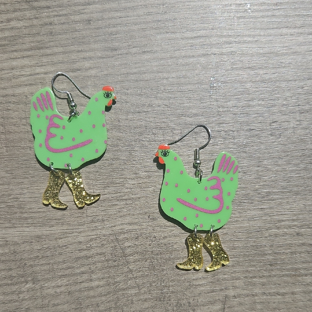 Pigness & Company Green Chicken Earrings with Gold Boots